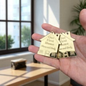 Our First Home Personalised Couples Keyring, House Warming Key Chain, Moving House Gift, New Home Keyrings, His & Hers Keyring Homeowner