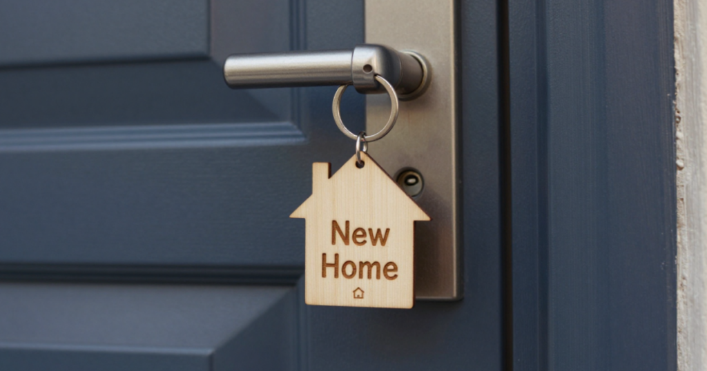 New home keyring in a front door lock, personalised housewarming gift 2026